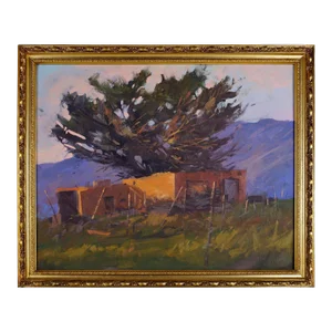 Unsigned Large Tree Behind Adobe House Oil Painting