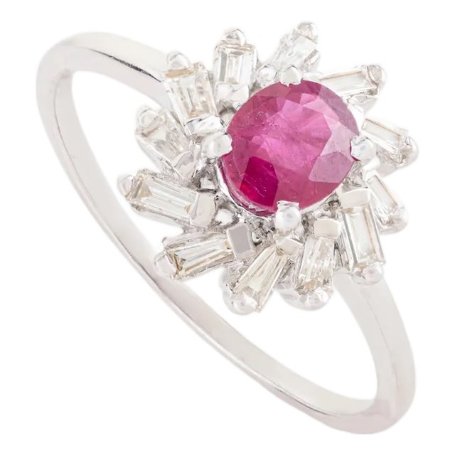 VRJewels Ruby & Baguette Diamond Halo Promise Ring Size 6.5 in 14k Gold For Sale