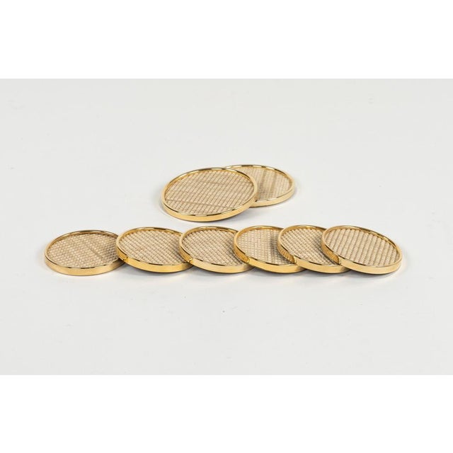 Mid-Century Modern Barware Coasters in Brass and Rope, Italy, 1970s, Set of 8 For Sale - Image 6 of 14