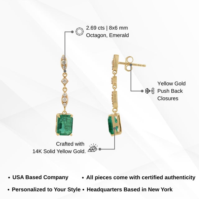 Vibrant 2.69ct Zambian Emerald Diamond Wedding Drop Earrings in 14k Solid Gold- A Pair For Sale - Image 11 of 15