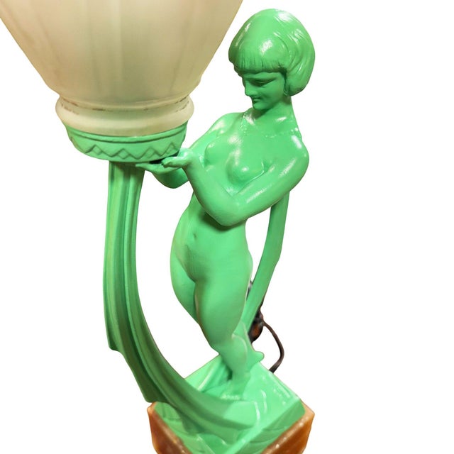 Green 1930s French Green Spleter Metal Art Deco Style Biba Lamp on Marble by Jacques Limousin For Sale - Image 8 of 9