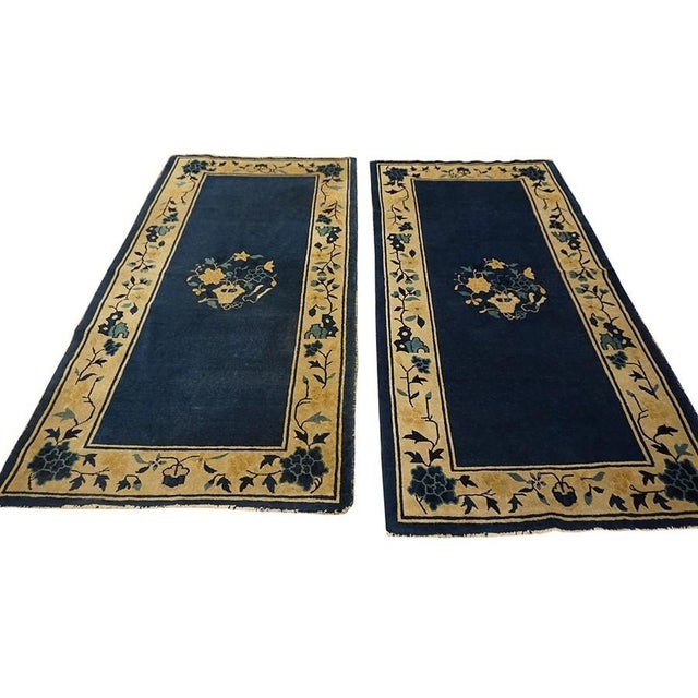 1920s Navy Open Field Floral Deco Oriental Antique Peking Knotted Wool Small Rug For Sale - Image 4 of 6