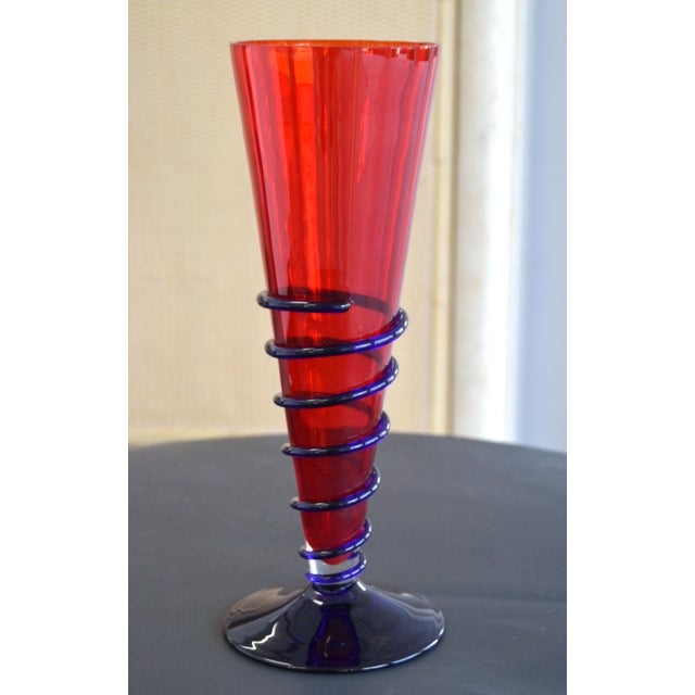 1997 Murano Blown Art Glass cone shaped red and blue swirl vase by Marcello Fantoni. Signed on bottom, Murano Fantoni,...