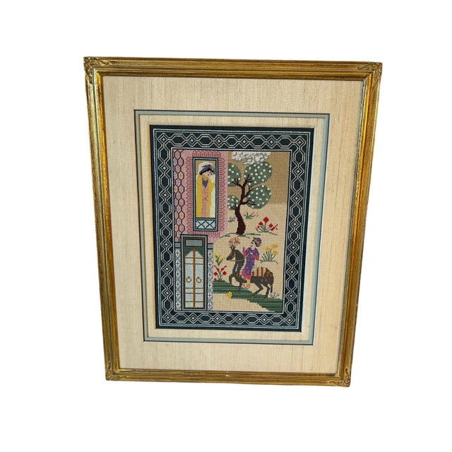 Wood Early 20th Century Asian Romance Needle Point Wall Art Framed For Sale - Image 7 of 7