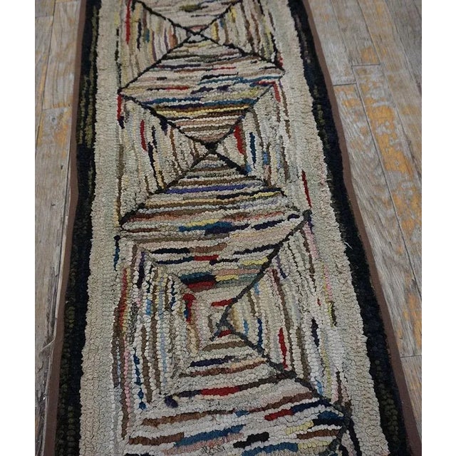 1900s Tan Ecru Log Cabin Folk Art Antique American Hooked Rug 1'6'' X 20'2'' Woven Carpet Runner For Sale In New York - Image 6 of 12