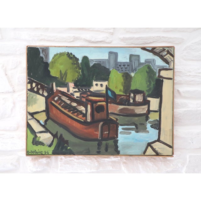 G. Delaire, Barges on the Seine, 1994, Oil Painting on Canvas For Sale - Image 9 of 11