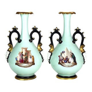 Pair Large Hand Painted & Gilt Old Paris Porcelain Egyptian Revival Vases C1880 For Sale