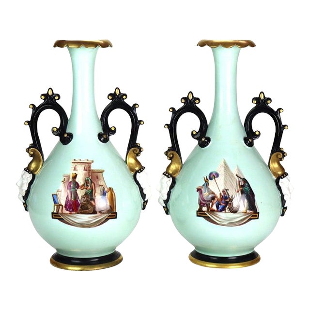 Pair Large Hand Painted & Gilt Old Paris Porcelain Egyptian Revival Vases C1880 For Sale