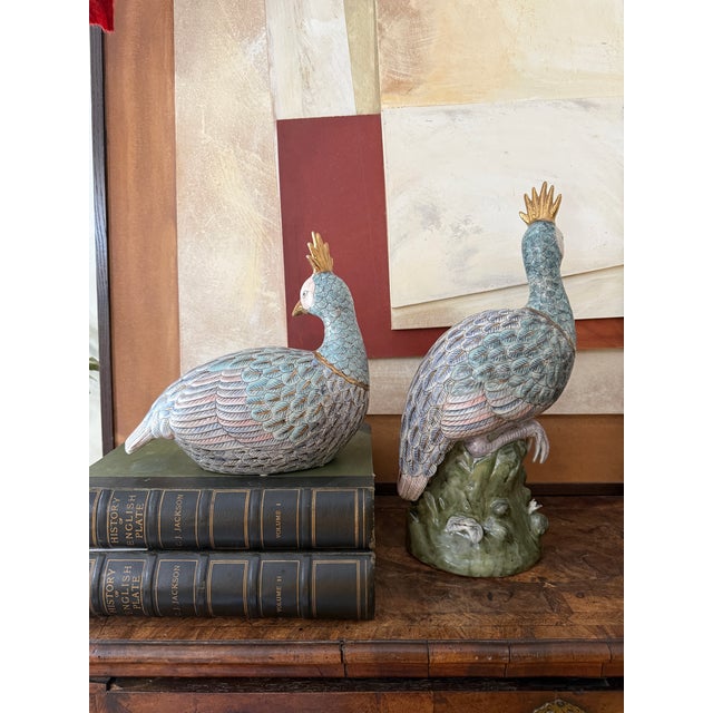 Pair of Oversized Vintage Asian Export Porcelain Peacock Figures Hand Painted Macau Large Ceramic Birds For Sale In Chicago - Image 6 of 11