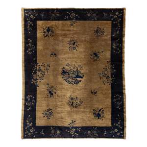 Handmade Antique Art Deco Brown Wool Rug With Classic Chinese Design