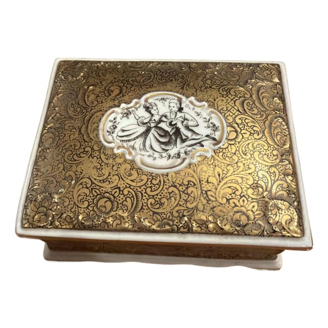 Vintage Erphila German Porcelain Trinket Box Isabell Gold Rococo Bavaria For Sale