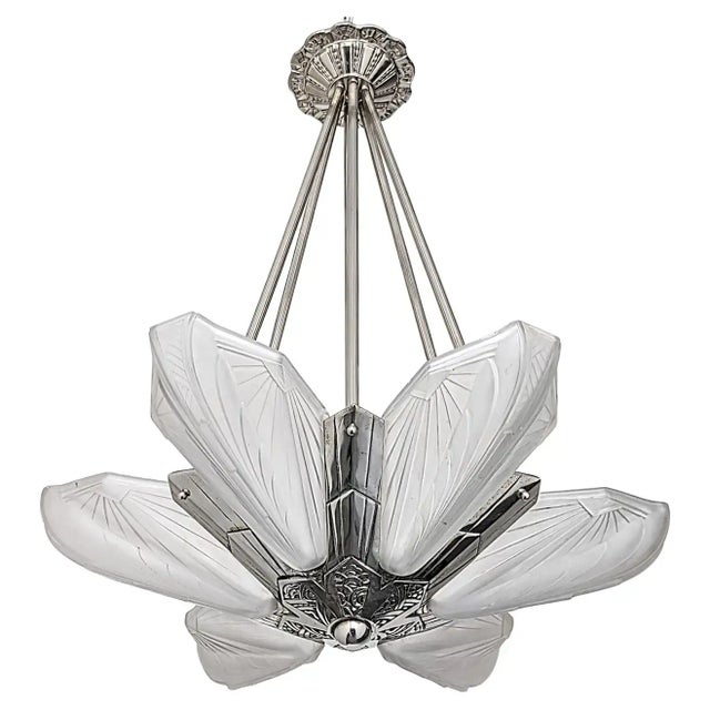 Metal 1930s French Art Deco Chandelier Signed by Atelier E.J.G For Sale - Image 7 of 7