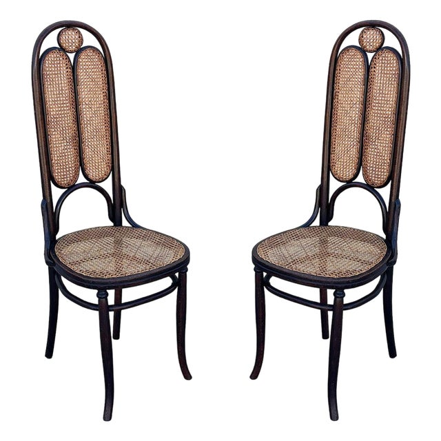 19th Century Vienna Secession Bent Oak & Cane High Back Side Chair No. 16 Attributed to Thonet, Pair For Sale