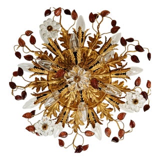 Large Floral Ceiling Light in Brass and Crystal by Banci Firenze, Italy, 1970s For Sale