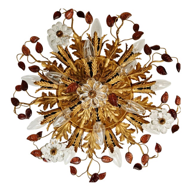 Large Floral Ceiling Light in Brass and Crystal by Banci Firenze, Italy, 1970s For Sale