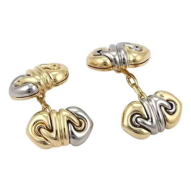 Bvlgari Bulgari “Doppio Cuore” 18k Yellow Gold & Steel Chain Cufflinks For Sale