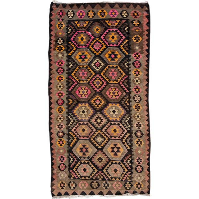 Vintage Kilim Brown Handmade Flatweave Geometric Motif Wool Runner For Sale - Image 11 of 11