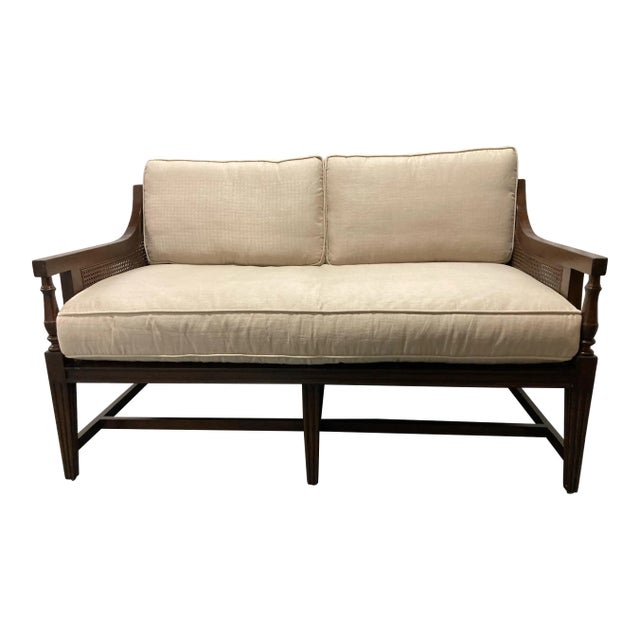 Charles Fradin Walnut/Cane/Linen Loveseat For Sale