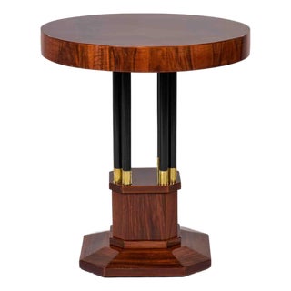 Art Deco Mahogany Center Table With Ebonized Column Base and Brass Trim For Sale