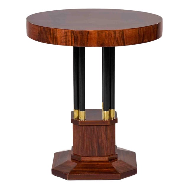 Art Deco Mahogany Center Table With Ebonized Column Base and Brass Trim For Sale