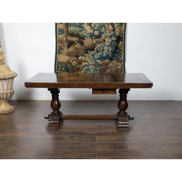 19th Century Early Italian 19th Century Walnut Table with Trestle Base and Single Drawer For Sale - Image 5 of 12