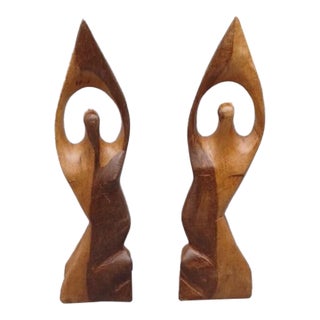 Vintage Wood Abstract Women Kneeling Sculpture Bookends For Sale