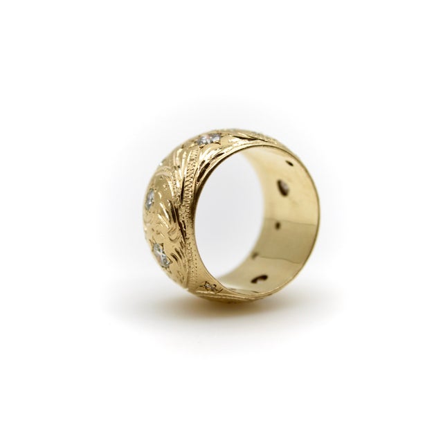 Late 19th Century Victorian 14k Gold Hand-Engraved Celestial Themed Band or Ring With Diamonds, Size 6 For Sale In Los Angeles - Image 6 of 9