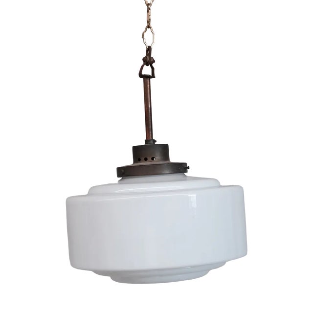 Mid-Century French Brass and Opaline Pendant Light For Sale