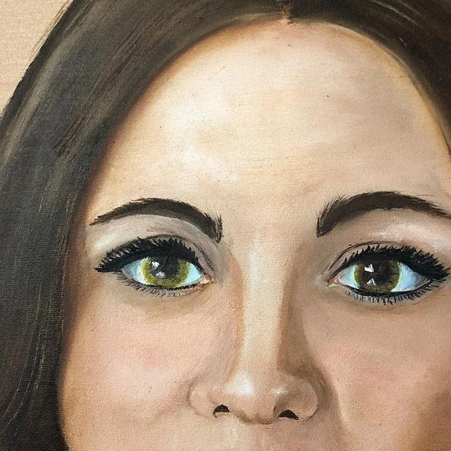 1980s Figural Female Oil Portrait Painting on Canvas of Woman Wood Framed For Sale - Image 4 of 7