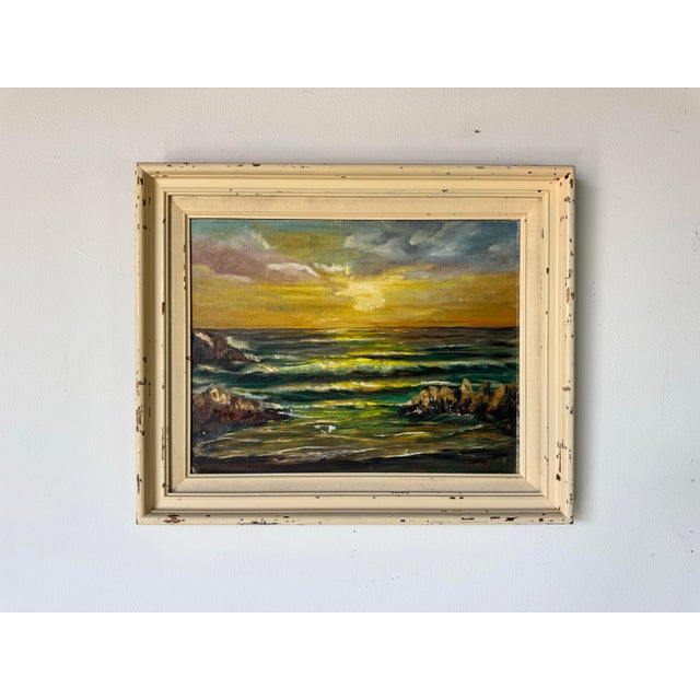 Mid-Century Modern 1970's Vintage Sunset Coastal Seascape Oil Painting by Fran S — Framed For Sale - Image 3 of 11