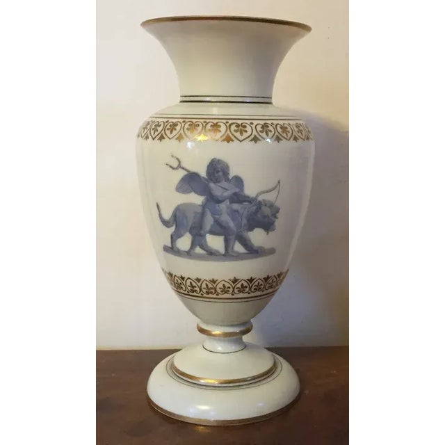 Glass Antique 19th Century Bristol Glass Urn Vase Decorated with Cupid Leading Cerberus Painted en Grisaille For Sale - Image 7 of 13