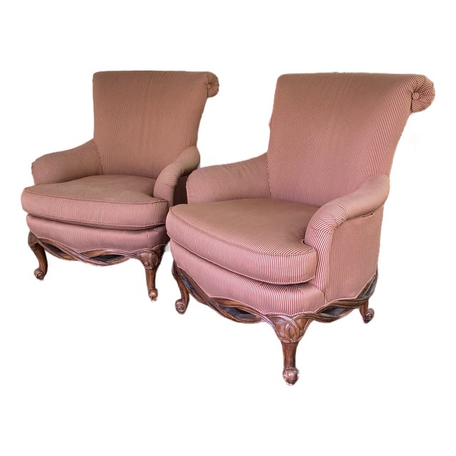 Henredon Upholstered English Arm Carved Base Club Chairs- A Pair For Sale