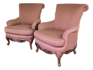 Henredon Upholstered English Arm Carved Base Club Chairs- A Pair