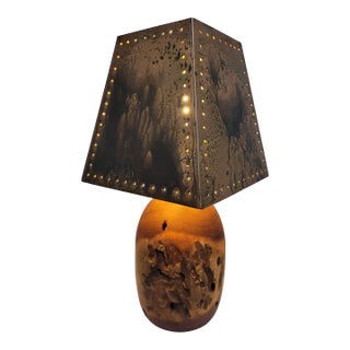 Vintage 1970s Kohler Sculptural Burl Wood Lamp With Pierced Copper Shade For Sale