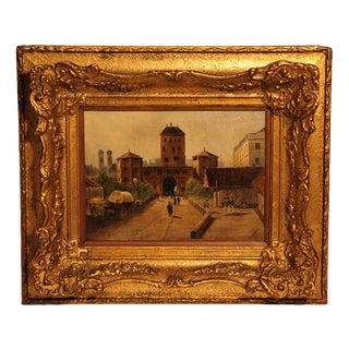 F. Martin, Street Scene at the Isartor in Munich, Early 19th Century, Oil on Canvas, Framed For Sale