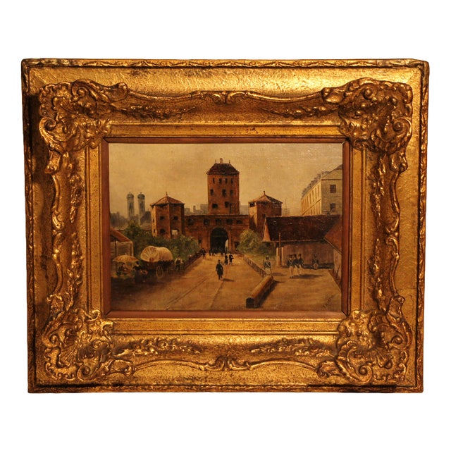 F. Martin, Street Scene at the Isartor in Munich, Early 19th Century, Oil on Canvas, Framed For Sale