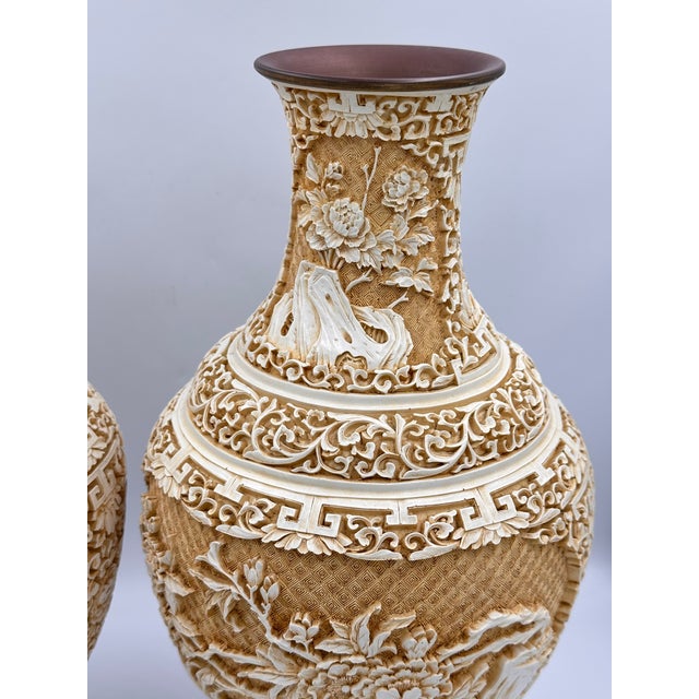 Metal Antique Chinese Hand Carved Lacquered Cinnabar Over Brass Floral Motif Vase Set For Sale - Image 7 of 12