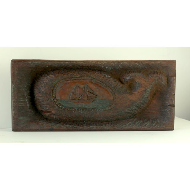 Folk Art Unbelievable Rare Antique Folk Art Hand Carved Solid Wood Box With Whale Schooner Nautical For Sale - Image 3 of 18