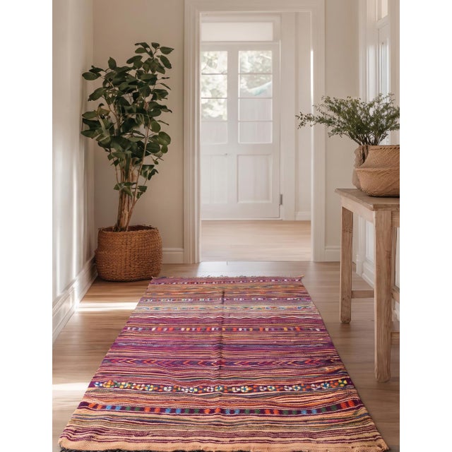 Vintage Kilim Boucherouite Rug Flatwoven Recycled Textile with Striped Geometric Motifs This vibrant vintage Kilim...