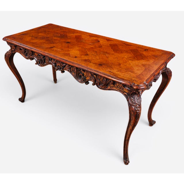 19th Century French Louis XV Carved Solid Oak Parquetry Bureau Plat Writing Desk For Sale - Image 4 of 8