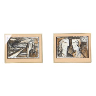 David Lewis, Faces, 2000, Gouaches, Framed, Set of 2 For Sale