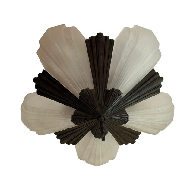 1910s 1910s Art Deco Fan Style Chandelier With Copper Starburst Canopy For Sale - Image 5 of 8