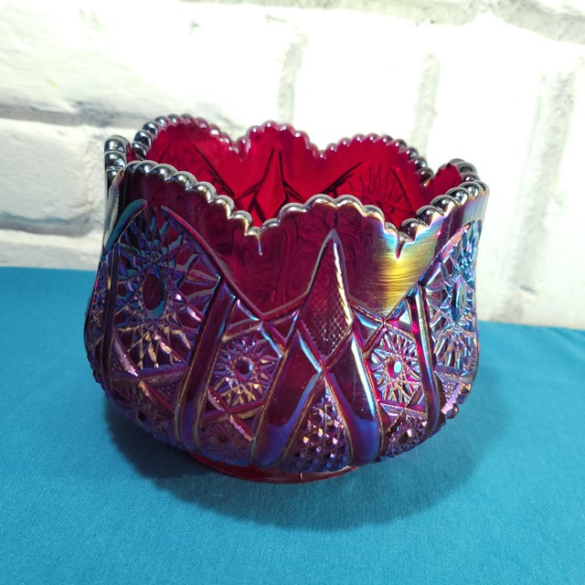 Vintage Heirloom Sunset carnival glass from Indiana Glass ruby red iridescent finish measures 4 ½” tall x 5 1/2” average...