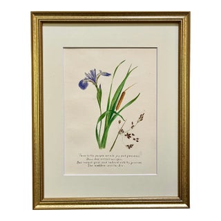 Original Antique Watercolor Painting Flowers With Calligraphic Poetry Verse From Longfellow For Sale