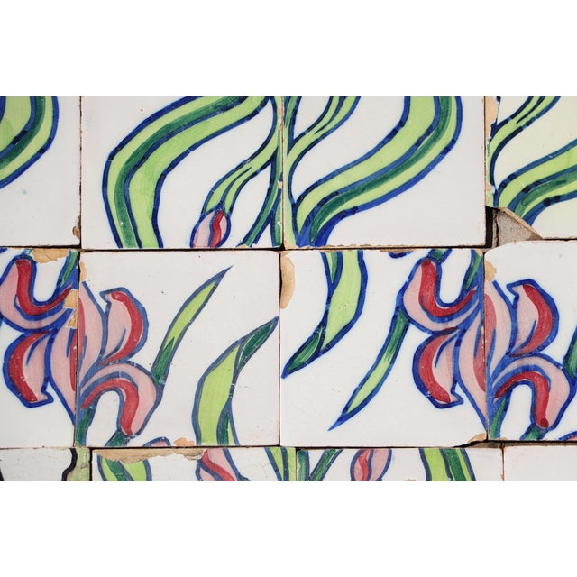 1900s Antique Portuguese Art Nouveau Assembled Group of 15 Tiles With Stylized Iris Motif For Sale - Image 11 of 14