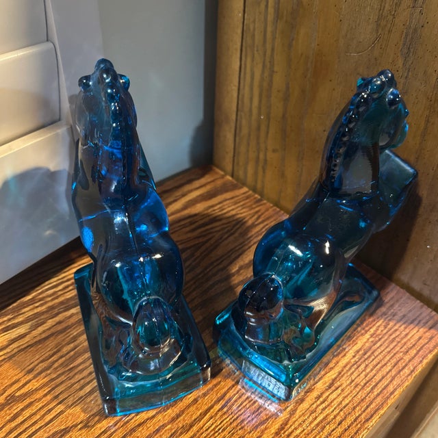 Mid-Century Modern Peacock Blue Glass Rearing Horse Statues From 1940’s Art Deco Mid Century For Sale - Image 3 of 10