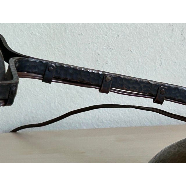 Wood 1930s Art Deco Hammered Solid Brass Banker's Desk Table Lamp With Wood-Core Base For Sale - Image 7 of 12