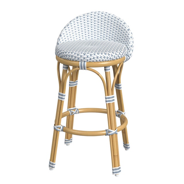 Baby Blue Tobias 24.5 in. Seat Height Outdoor Rattan and Metal Low Back Counter Stool, White/Sky Blue Dot / Natural Rattan Frame For Sale - Image 8 of 8