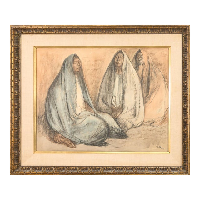 Francisco Zuniga - Untitled (Three Seated Women) Signed Pastel Drawing on Paper For Sale