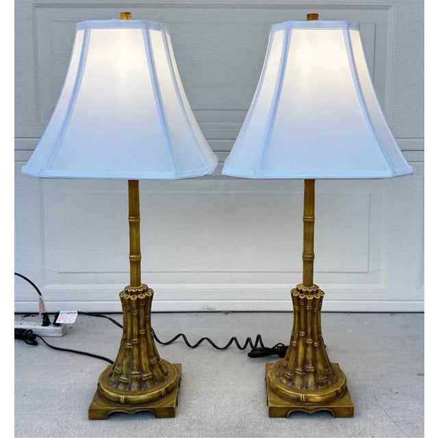 Mid-Century Modern Vintage Regency Chinoiserie Faux Bamboo Metal Table Lamps For Sale - Image 3 of 12